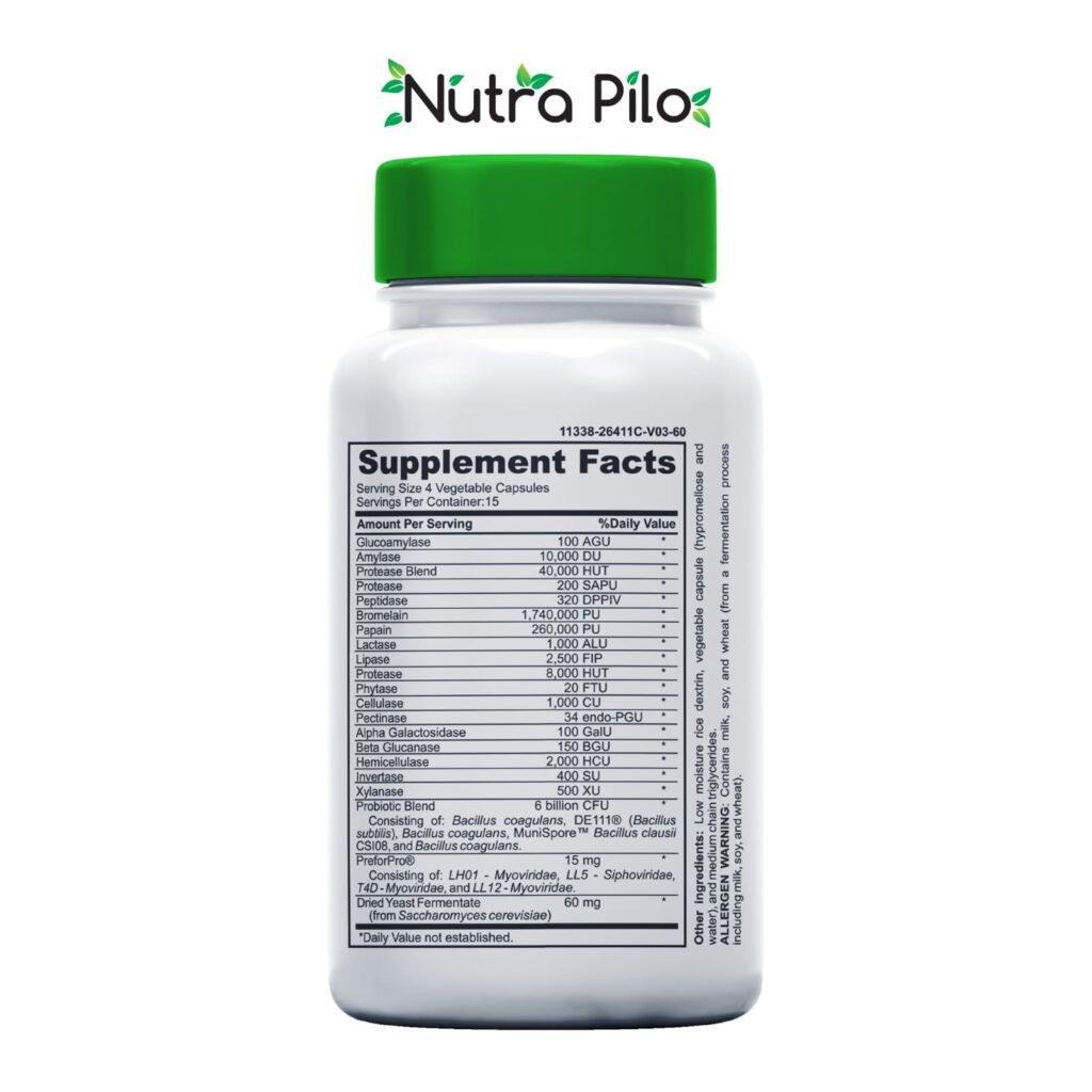 Nutra Pilo Digestive Enzymes supplement bottle facts