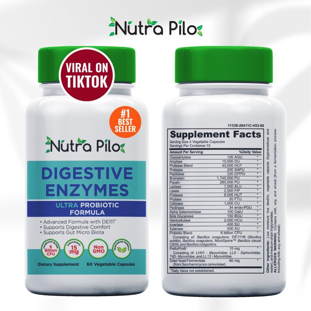 Nutra Pilo Digestive Enzymes supplement bottle for digestive support..