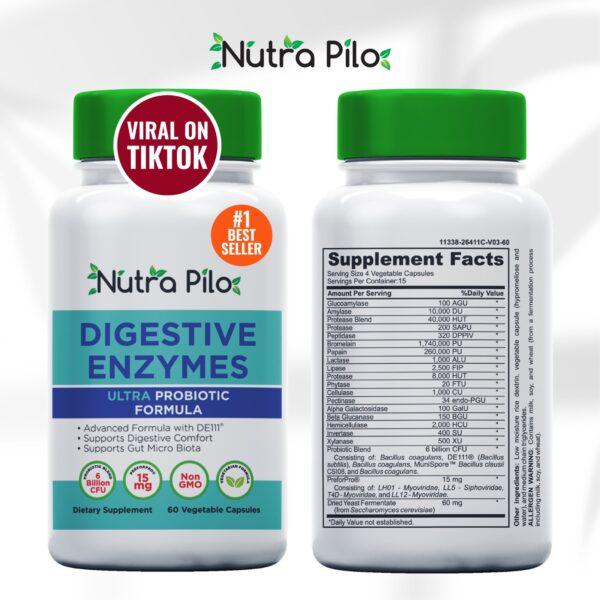 Nutra Pilo Digestive Enzymes supplement bottle for digestive support..