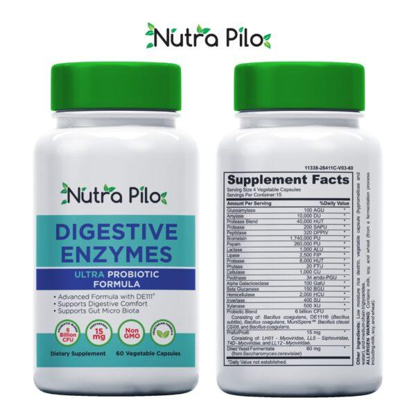 Nutra Pilo Digestive Enzymes supplement bottle for digestion.