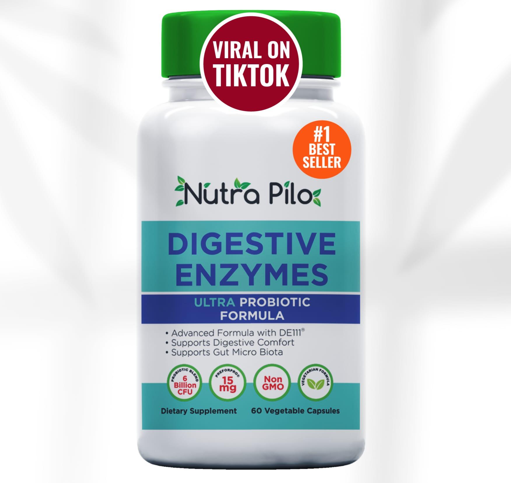 Nutra Pilo Digestive Enzymes supplement bottle for digestive support..