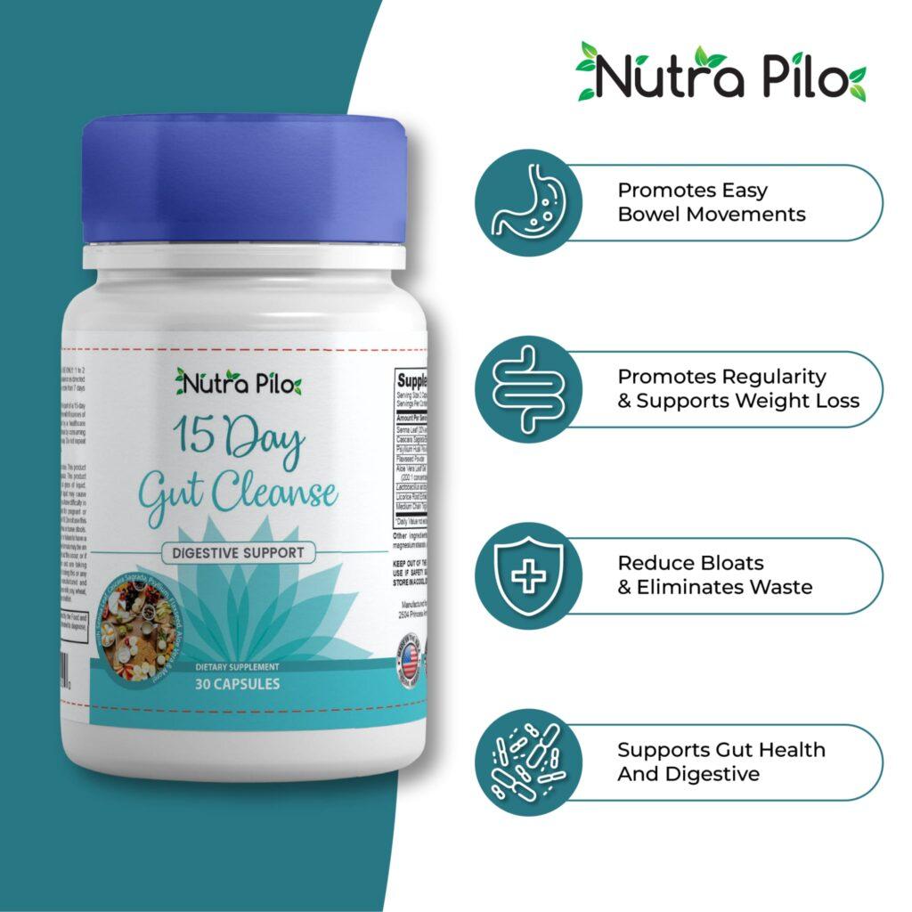 Nutra Pilo 15-Day Gut Cleanse supplement bottle for digestive support, highlighting the benefits of Nutra Pilo