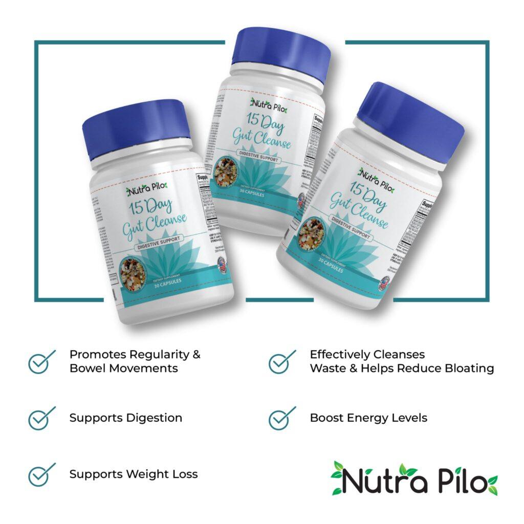 Nutra Pilo 15-Day Gut Cleanse supplement bottle highlighting the benefits of Nutra Pilo.